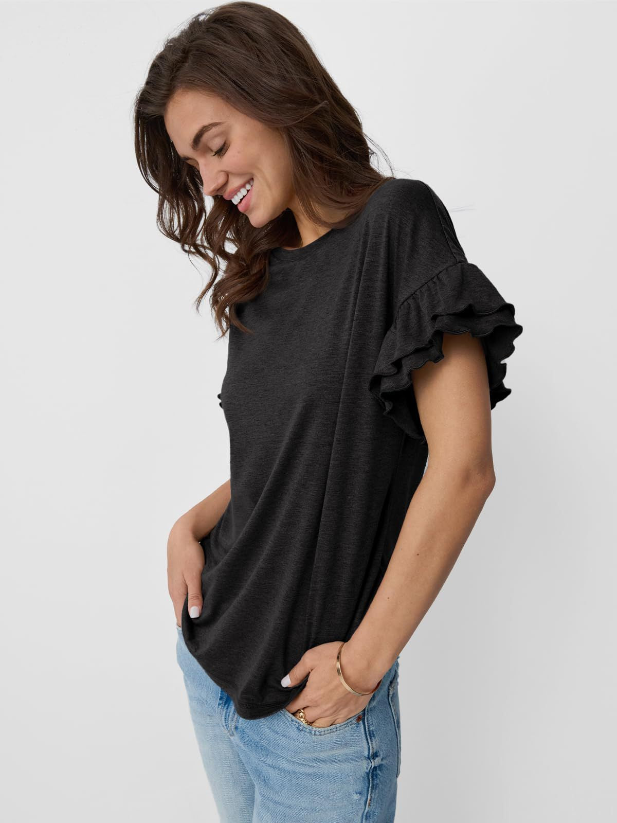 Women’s Ruffle Sleeve Crew Neck Tee Casual Summer Top