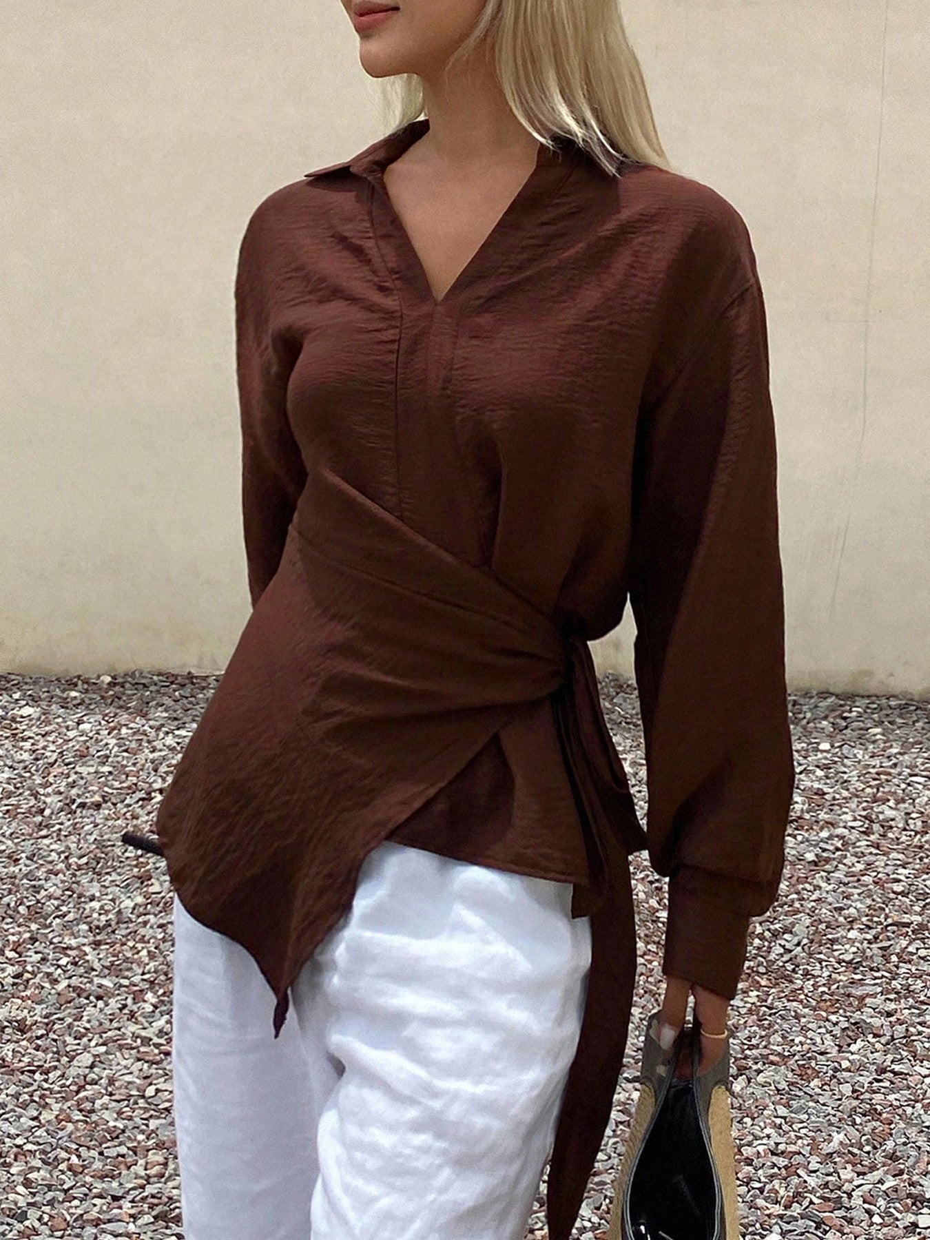 Women's Asymmetrical Wrap Blouse Tie Waist Long Sleeve