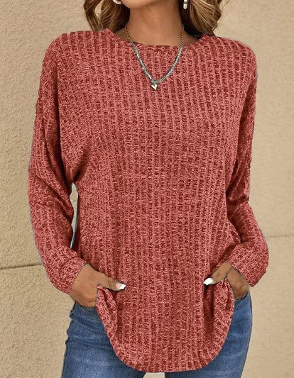 Women's Ribbed Knit Crew Neck Long Sleeve Sweater Top