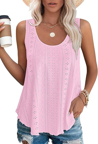 Eyelet Knit Tank Top Sleeveless Loose Fit Summer Top
