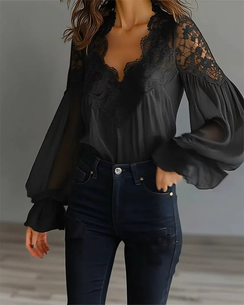 Embroidered Lace V Neck Balloon Sleeve Blouse