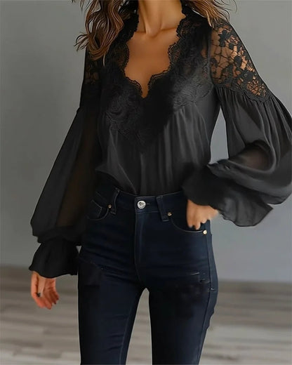 Embroidered Lace V Neck Balloon Sleeve Blouse