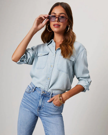 Women's Denim Button Down Shirt Long Sleeve Casual Western