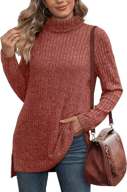 Oversized Ribbed Turtleneck Tunic Top Side Split