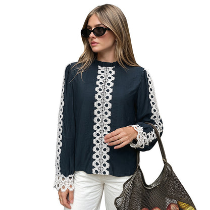 Navy Crochet Lace Long Sleeve Button Up Blouse