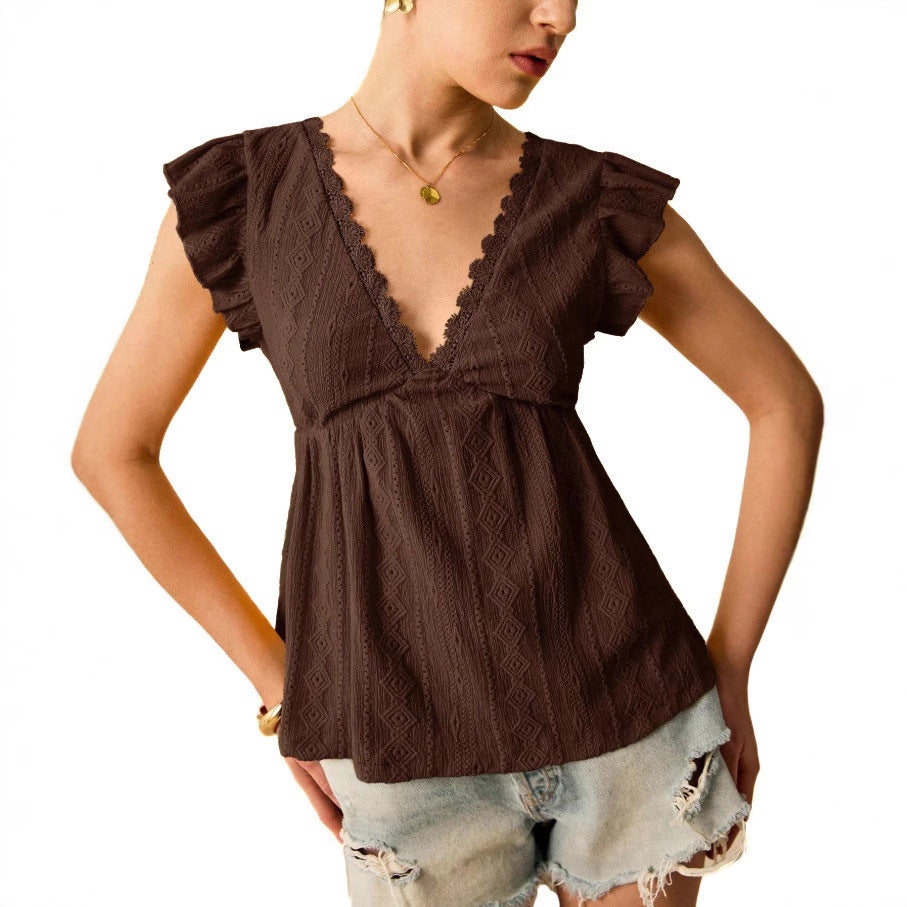 Eyelet Lace Flutter Sleeve V Neck Babydoll Blouse