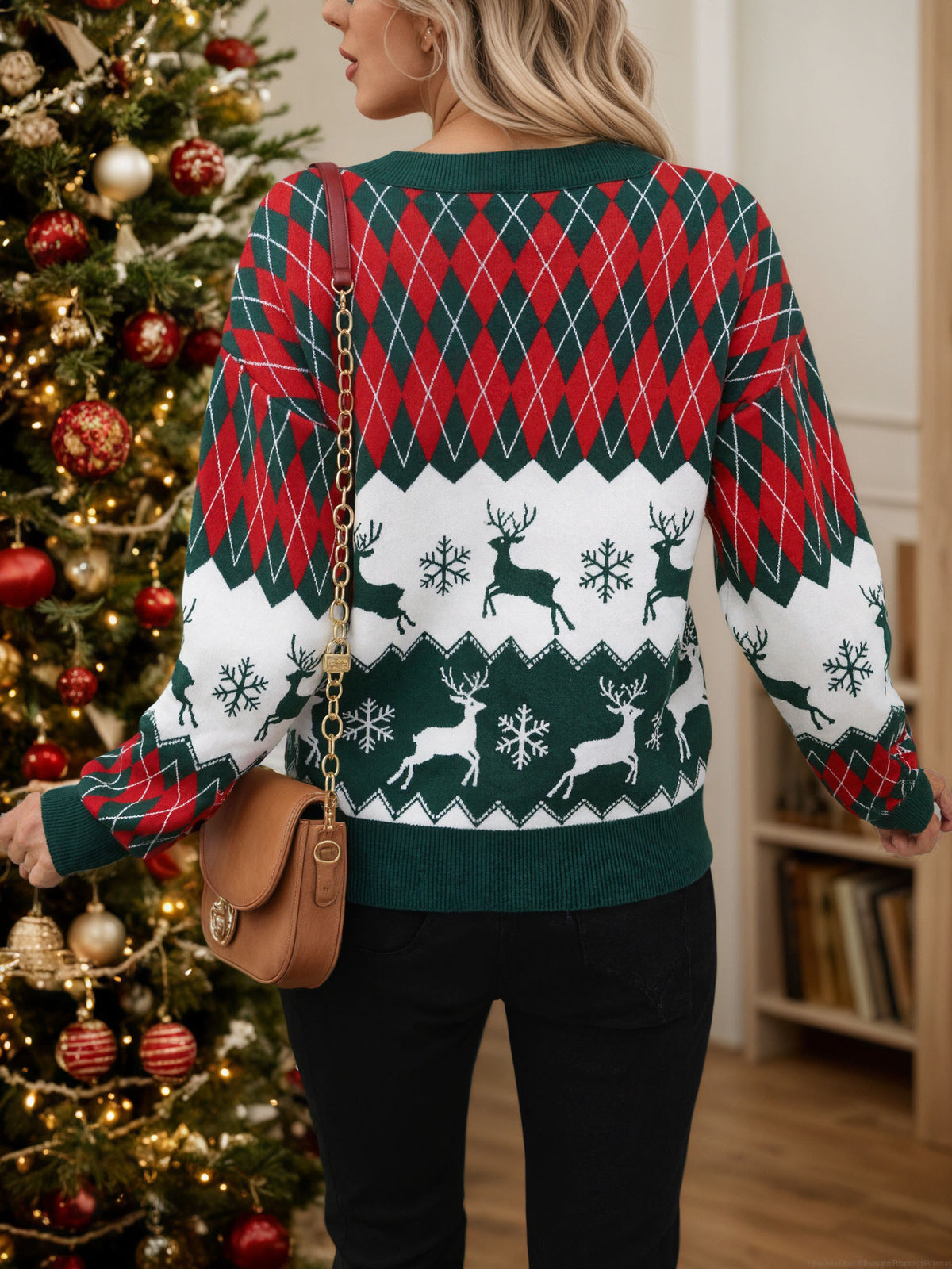 Women's Christmas Reindeer Argyle Sweater