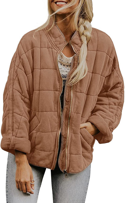 Womens Oversized Quilted Jacket Zip Up Stand Collar