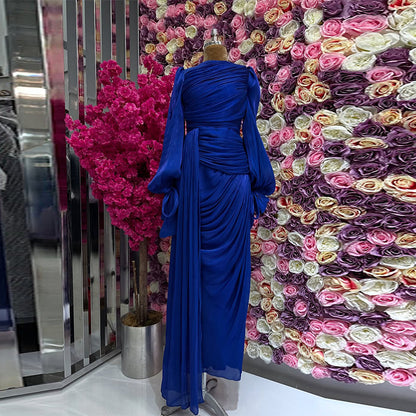 Elegant Ruched Long Sleeve Maxi Dress Evening Gown