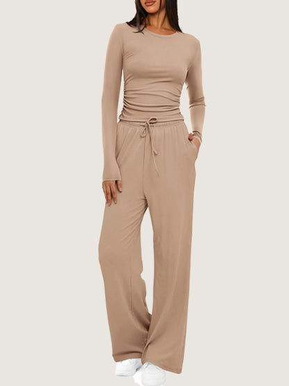 Women's Ruched Long Sleeve Top Wide Leg Pants Lounge Set