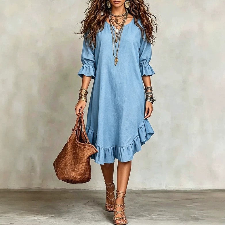 Women's Boho V-Neck Flare Sleeve Ruffle Hem Midi Dress