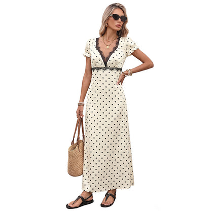 Vintage French Style Polka Dot Lace Splice Deep V Back Dress