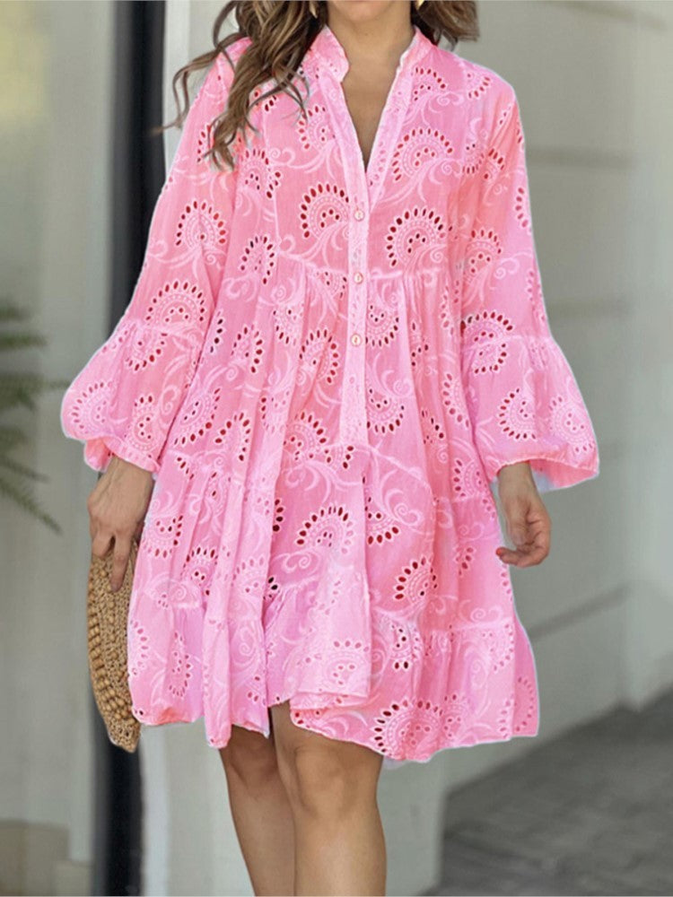 Women's Eyelet V-Neck Tiered Long Sleeve Dress