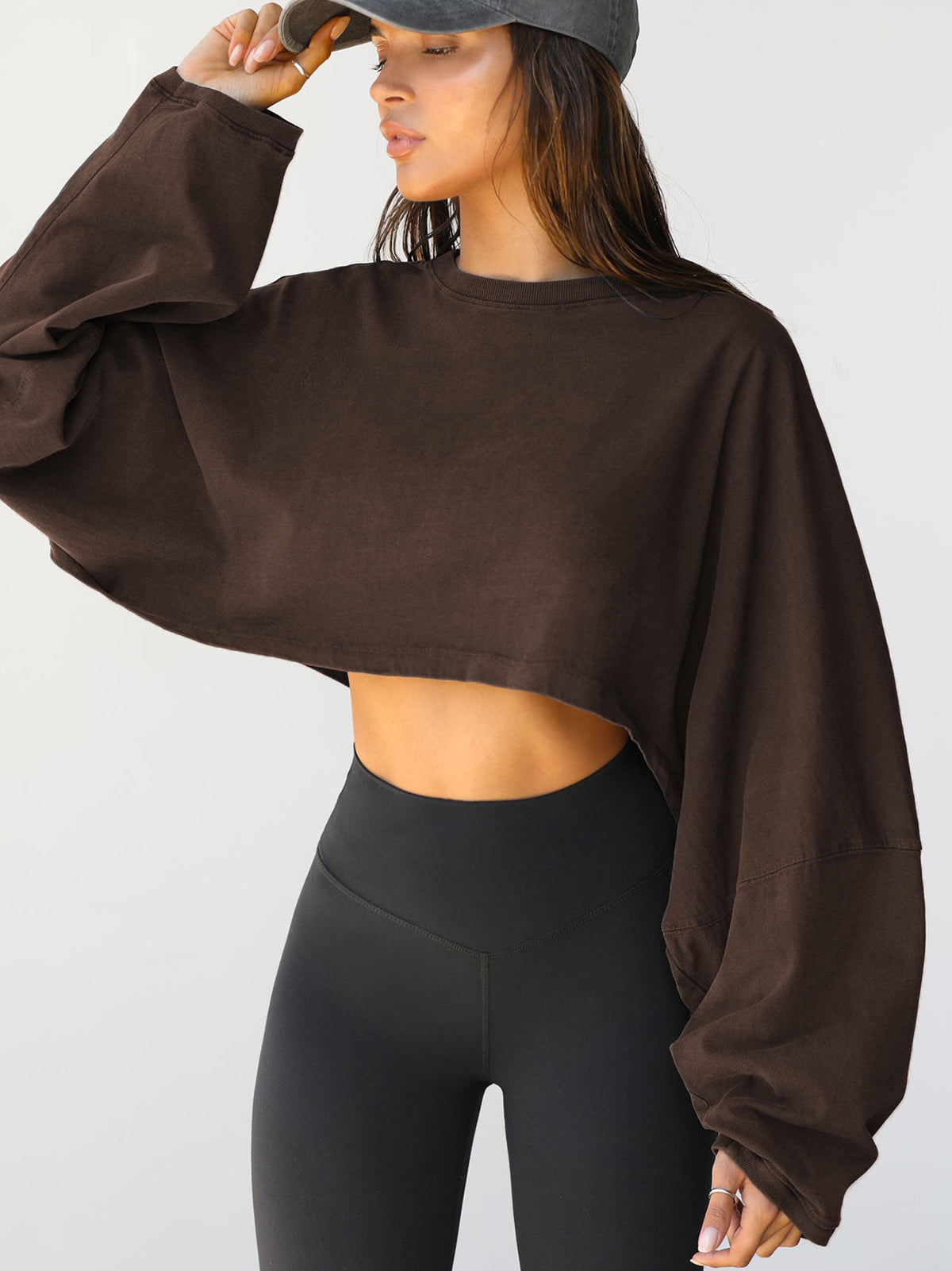 Women's Long Sleeve Oversized Cropped Crew Neck Sweatshirt