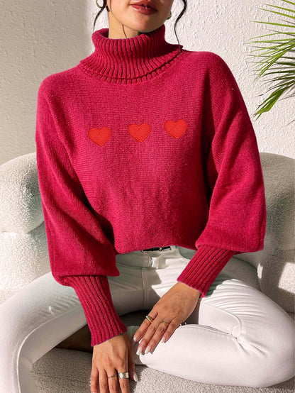 Women's Bottoming Shirt Solid Color Simple Top Love Sticker Turtleneck Sweater