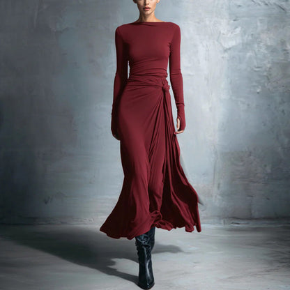 Women's Long Sleeve Knot Waist Maxi Dress A-Line