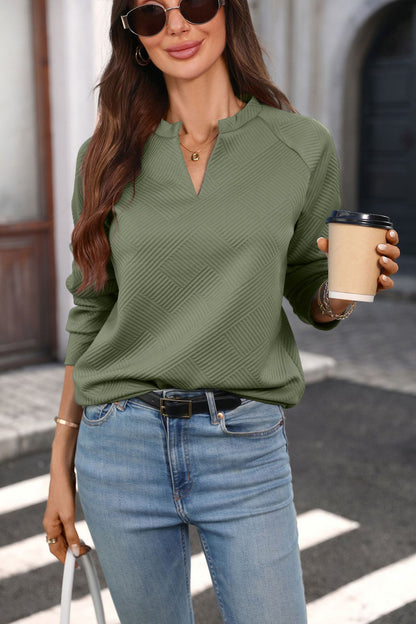 Quilted V Neck Sweatshirt Textured Loose Pullover