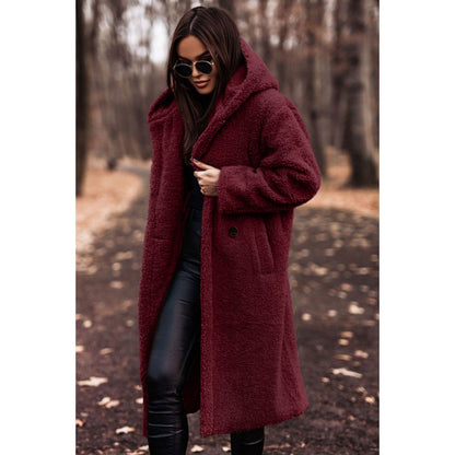 Hooded Sherpa Fleece Long Coat with Pockets