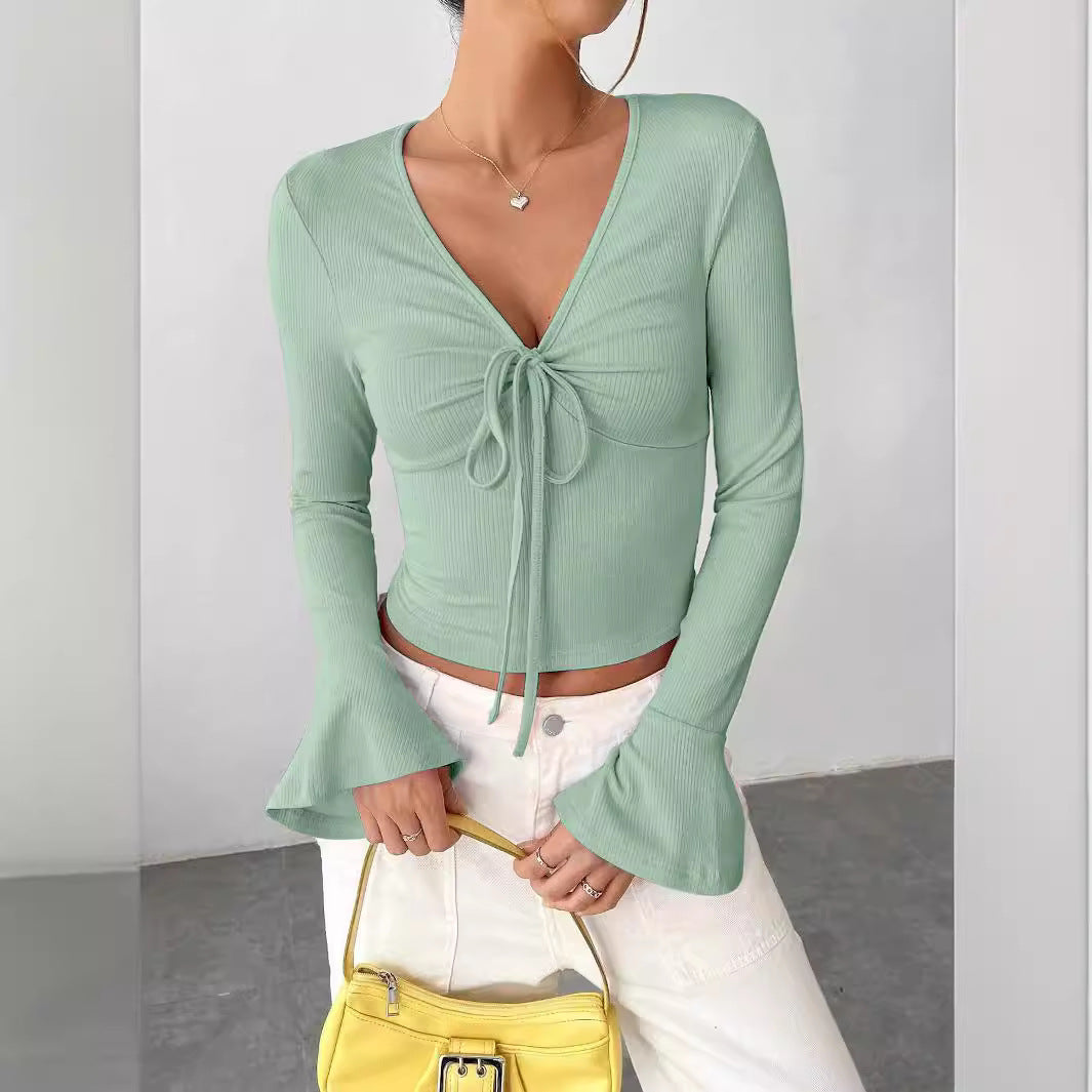 Women's Sexy Tie Front V Neck Bell Sleeve Crop Top
