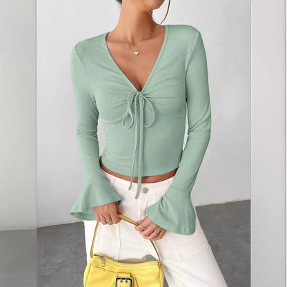 Women's Sexy Tie Front V Neck Bell Sleeve Crop Top