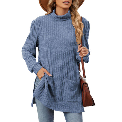 Women's Ribbed Mock Neck Long Sleeve Tunic with Pockets