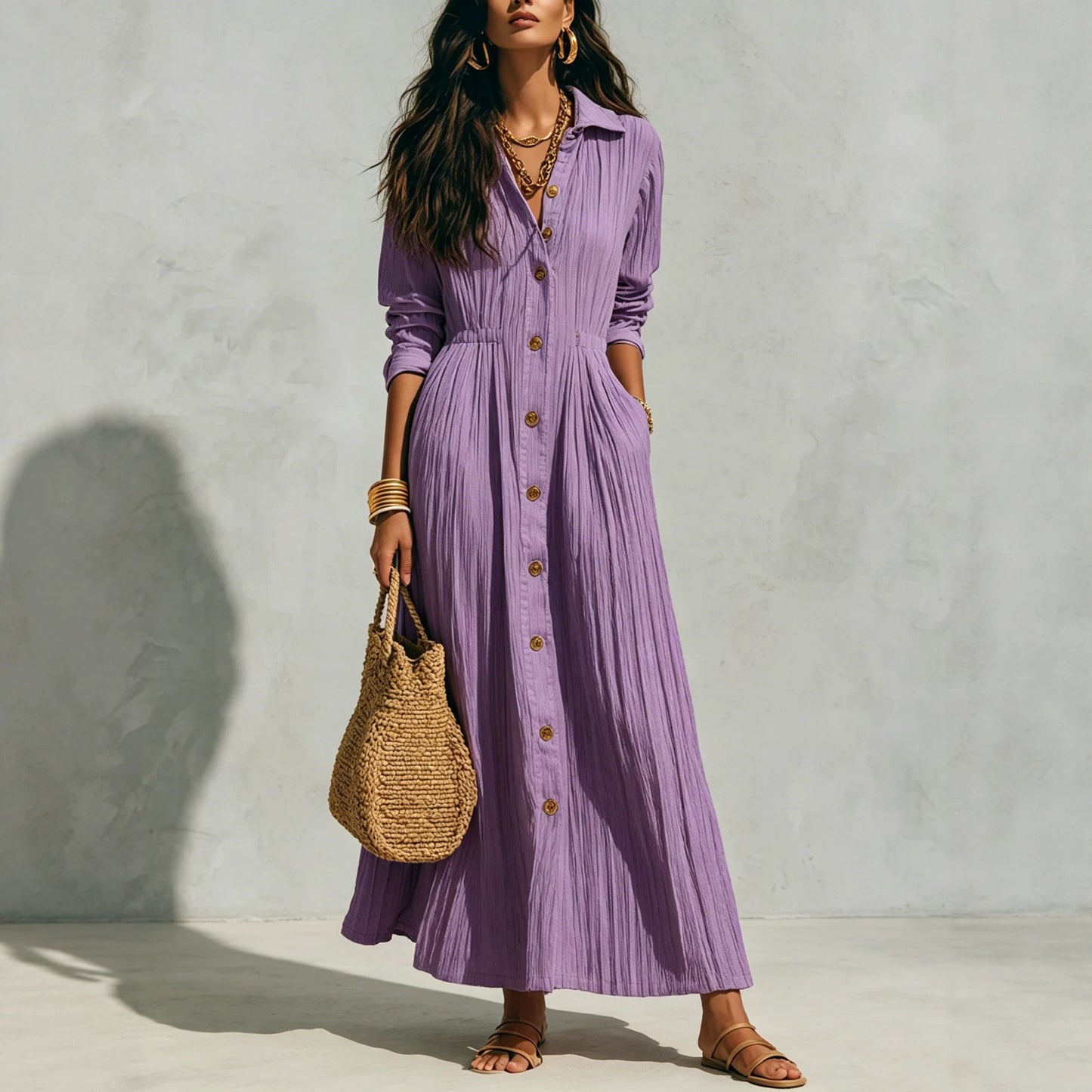 Women's Long Sleeve Maxi Shirt Dress Button Front Pockets