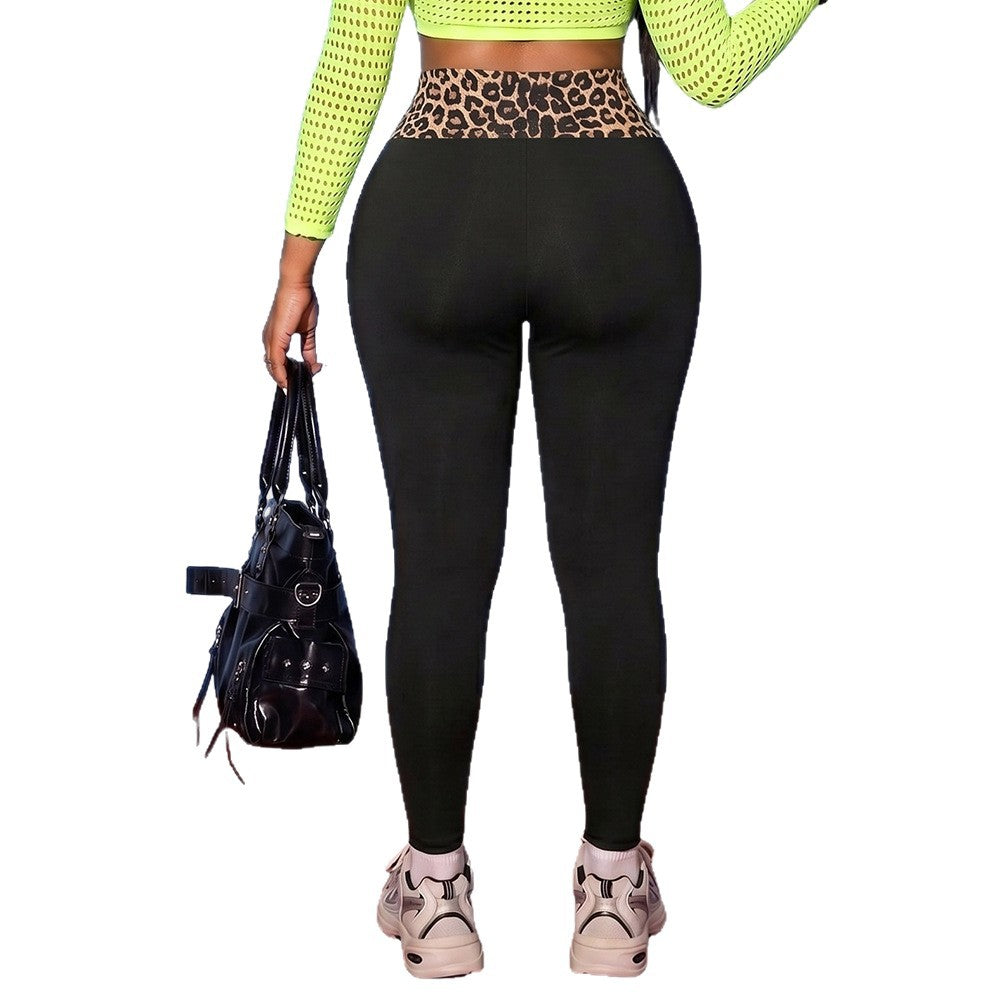 High Waist Leopard Panel Crossover Stretch Leggings