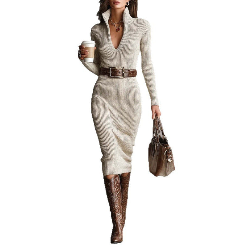 Elegant Ribbed Bodycon Long Sleeve Midi Sweater Dress