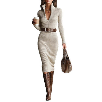 Elegant Ribbed Bodycon Long Sleeve Midi Sweater Dress