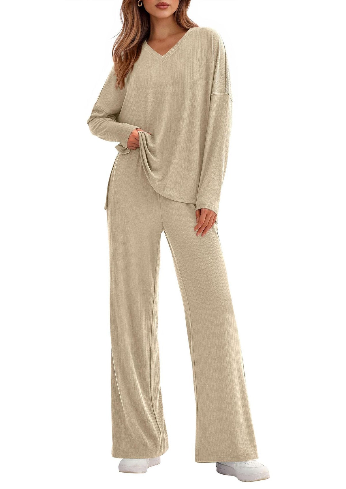 Women's Two Piece Ribbed Lounge Set Wide Leg Pants