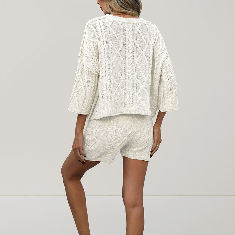 Cable Knit Shorts Set Summer Oversized Two Piece