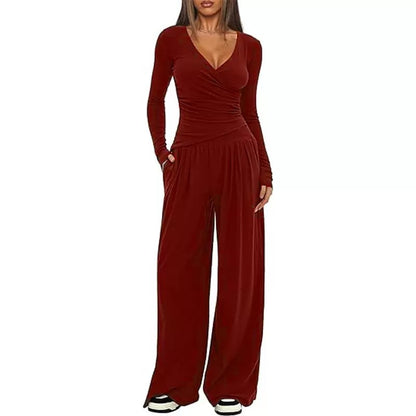 Women's 2 Piece V Neck Wide Leg Pants Lounge Set