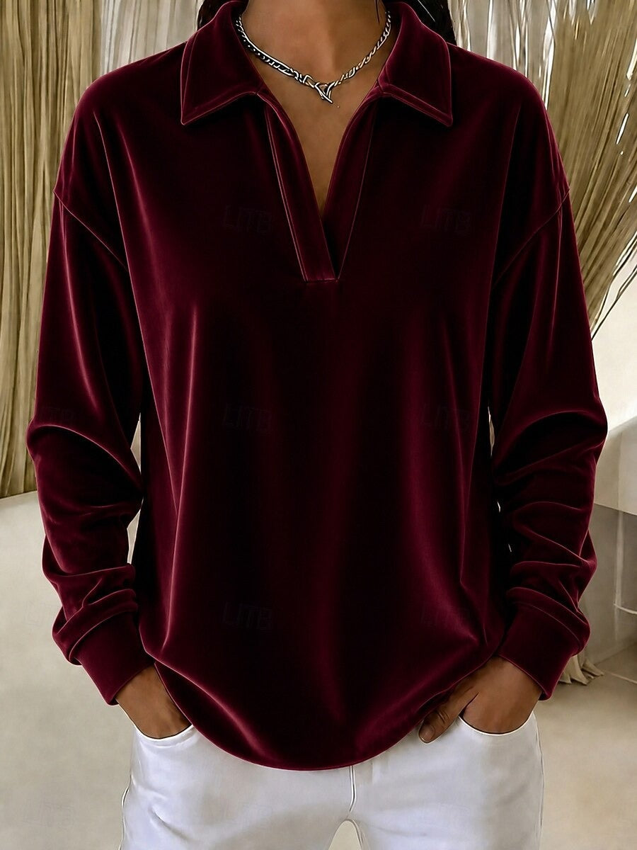 Women's Velvet Collared V-Neck Long Sleeve Casual Top