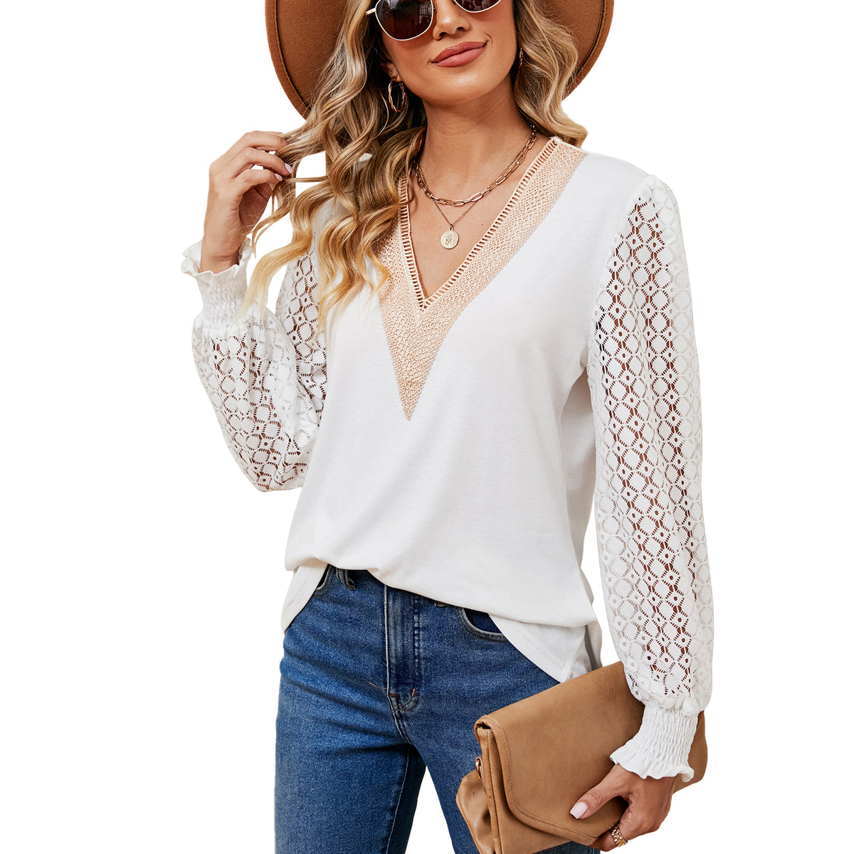 V-Neck Lace Long Sleeve Loose Fit Tunic Top