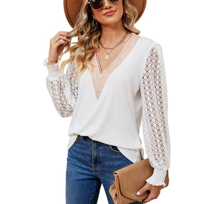V-Neck Lace Long Sleeve Loose Fit Tunic Top
