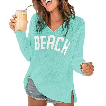 Women's V-Neck Letter Print Lightweight Knit Sweater
