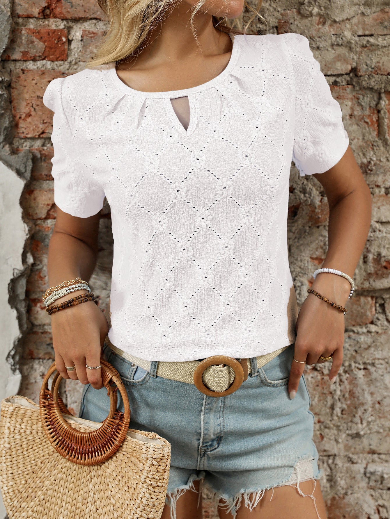 Light Blue Textured Knit Short Sleeve Button Neck Top