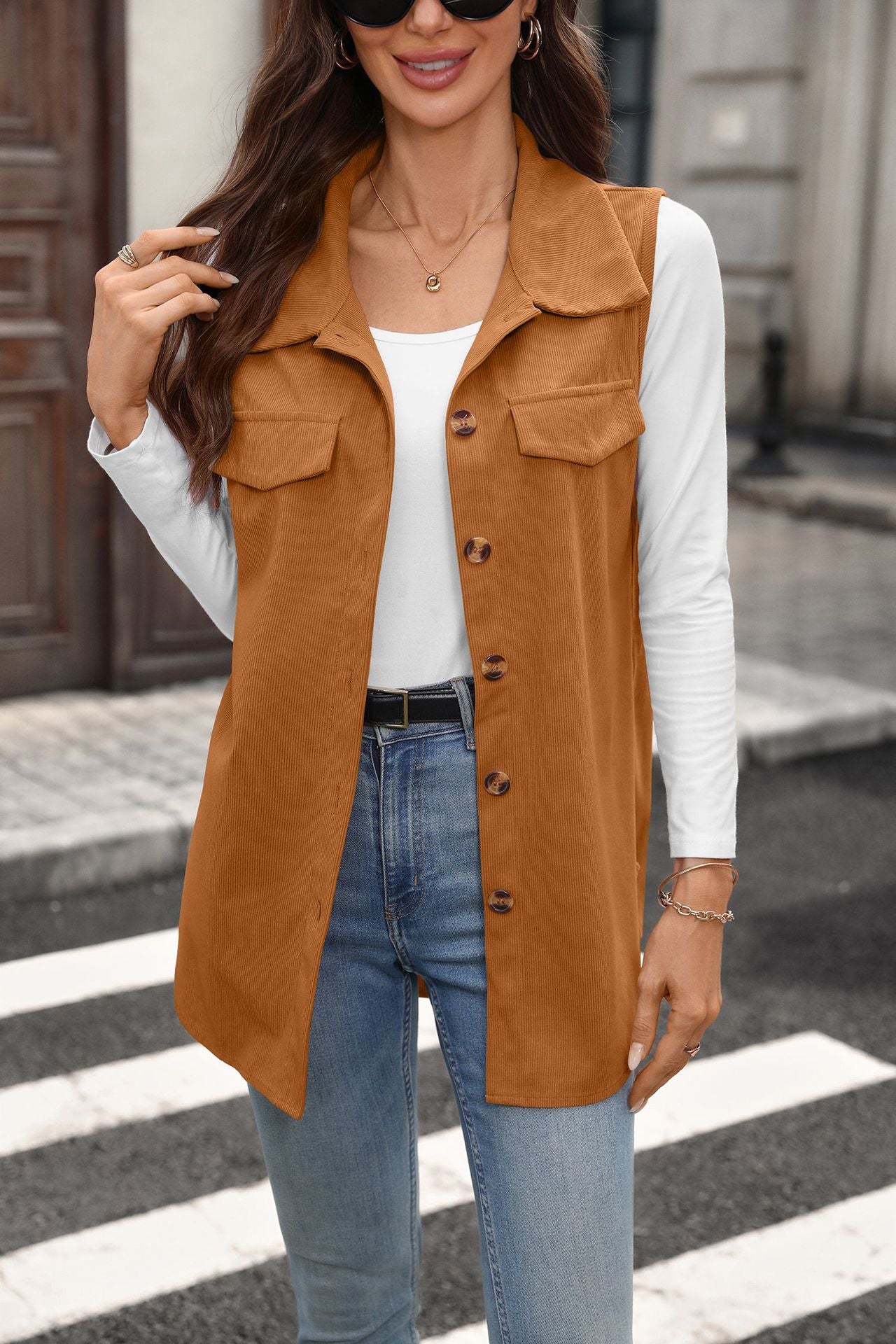 Corduroy Vest Button Front Sleeveless Longline Jacket