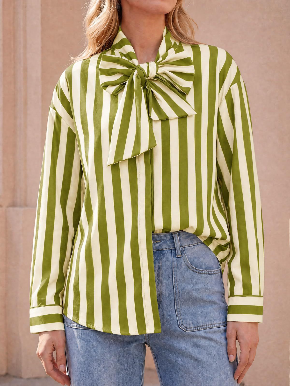 Women's Striped Tie Neck Long Sleeve Blouse Casual