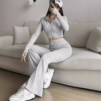 Women's Ribbed Zip Up Crop Top & High Waist Flare Pants Set