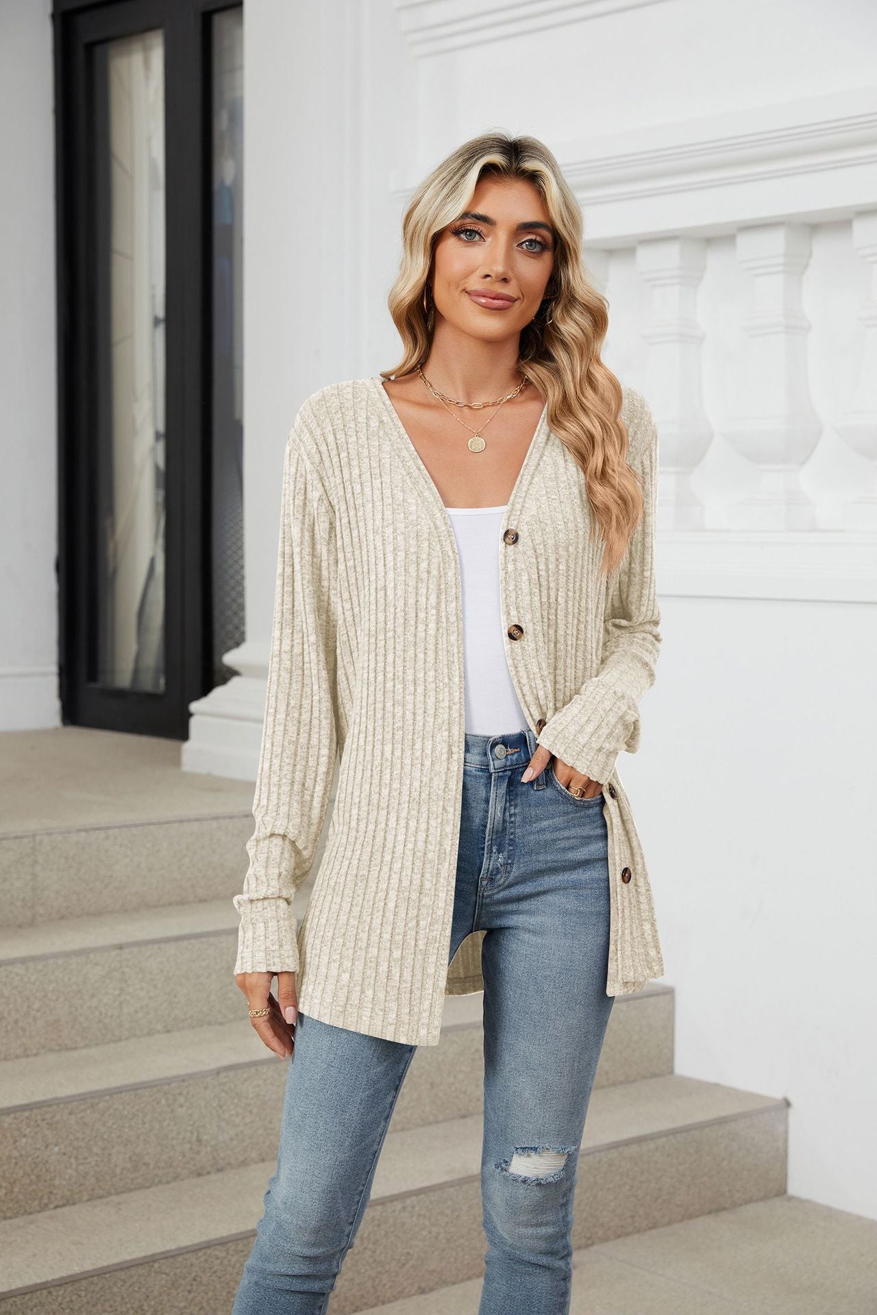 Soft Ribbed Button-Down Knit Cardigan for Fall & Winter