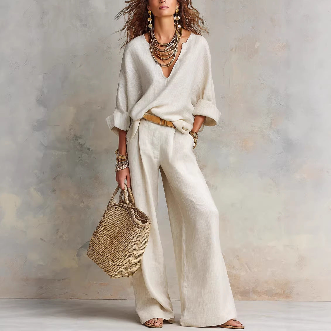 Women's Linen V-Neck Wide Leg Pants Two Piece Set