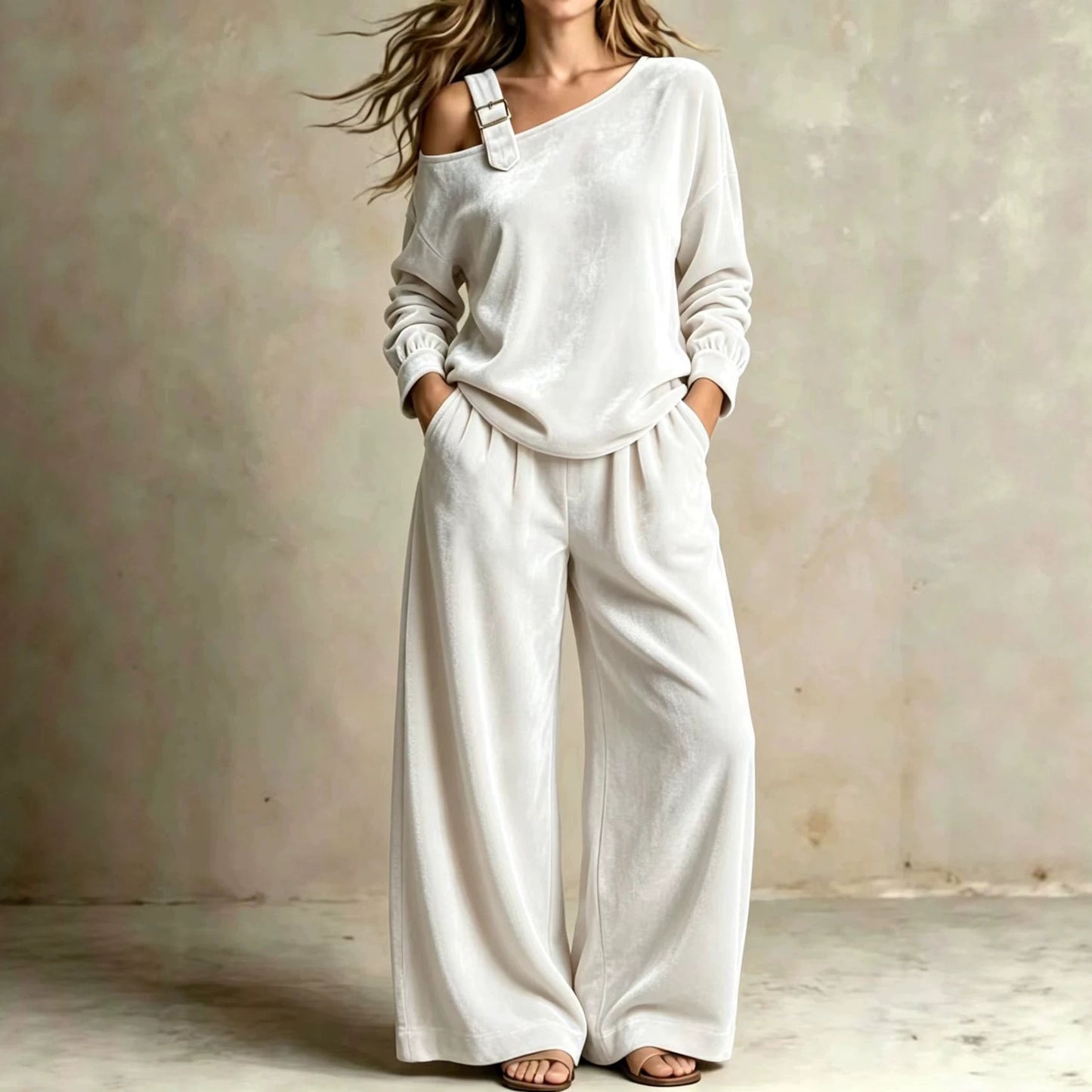 Women's Velvet One Shoulder Two Piece Set Wide Leg Pants