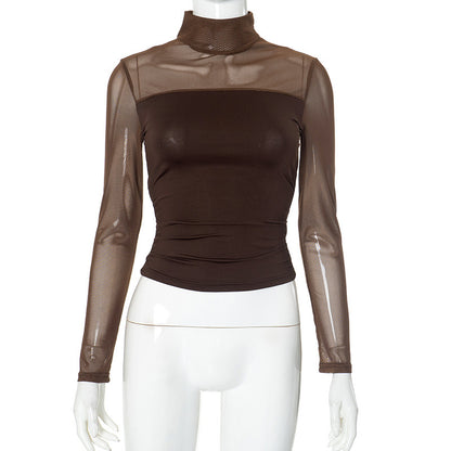 Sexy Sheer Mesh Mock Neck Long Sleeve Crop Top
