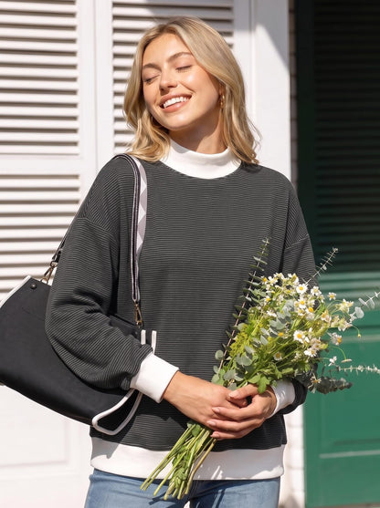 Striped Contrast Trim Relaxed Fit Long Sleeve Knit Top