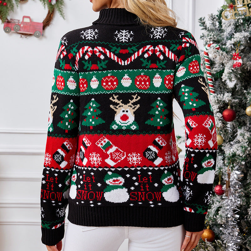 Christmas Snowman Knit Sweater with Turtleneck Pullover