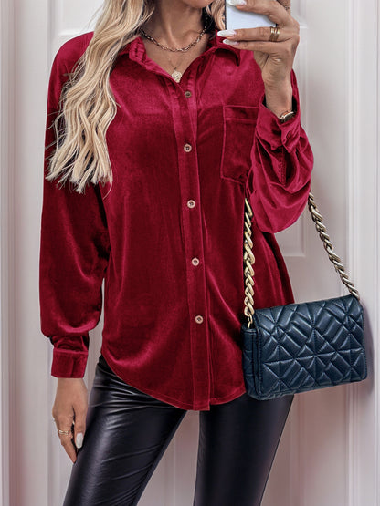 Velvet Button Down Lantern Sleeve Collared Blouse