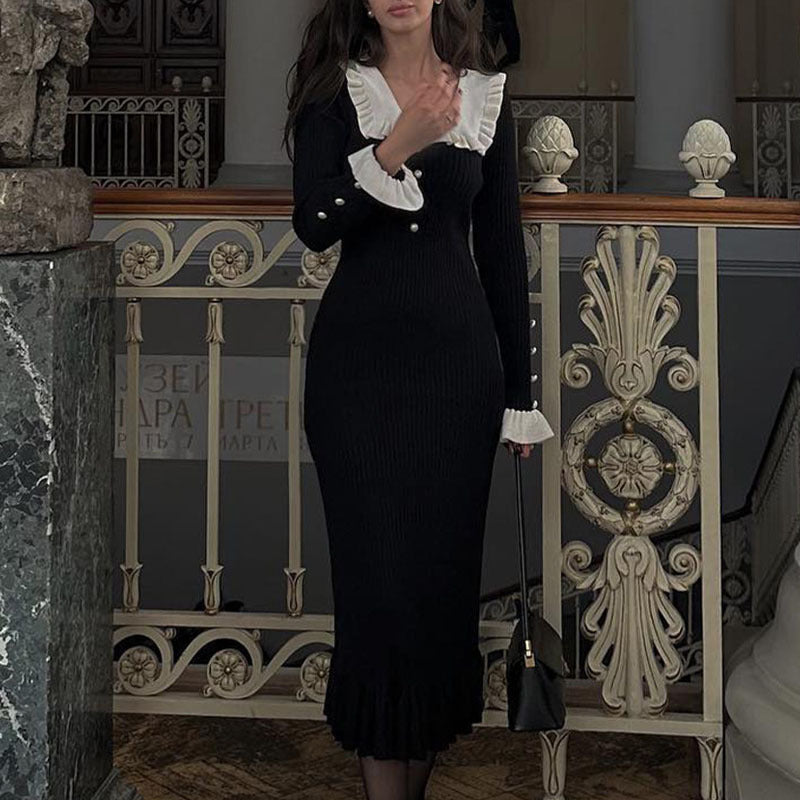 Ruffle Collar Sweater Dress Bodycon Midi Long Sleeve