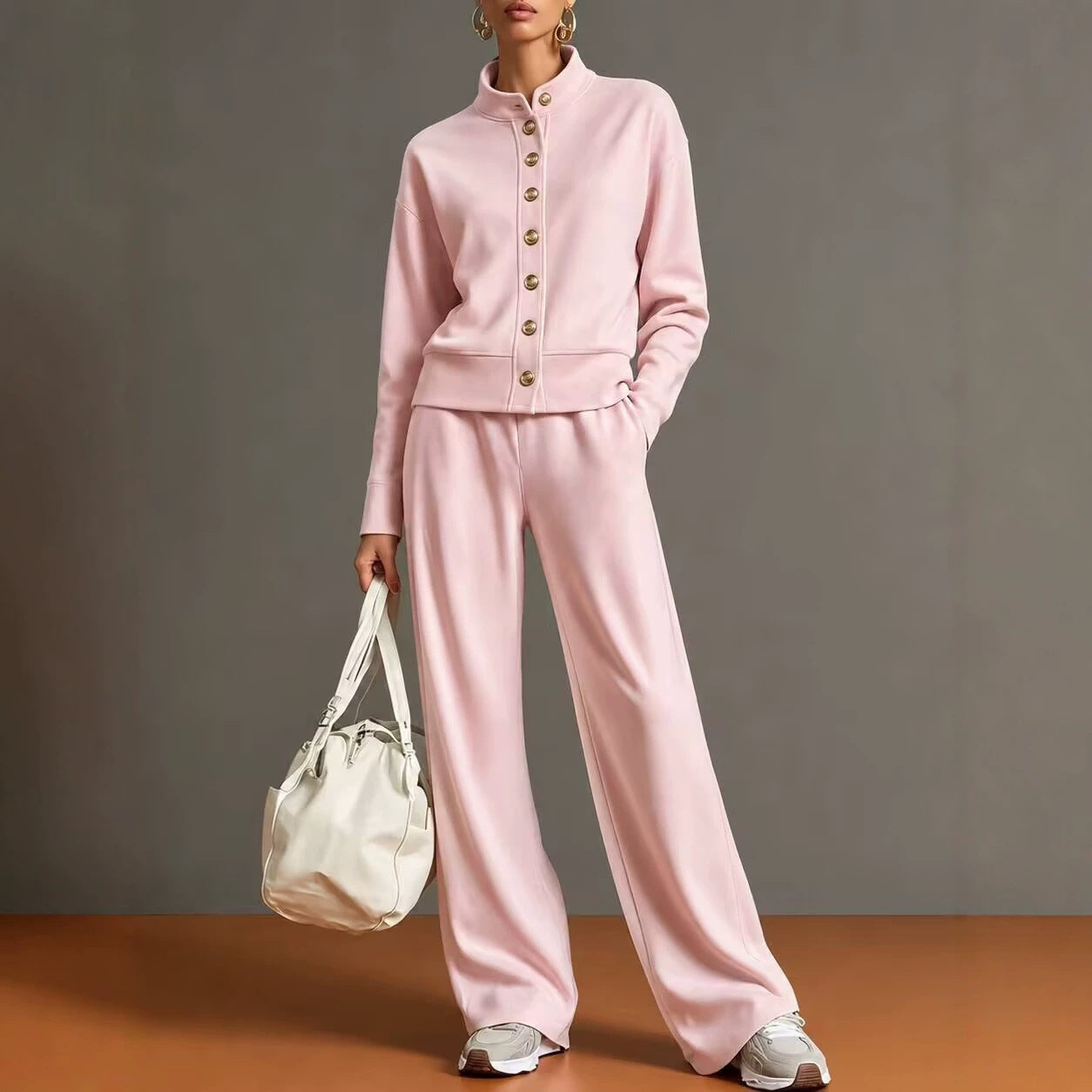 Women's Button Front Sweatshirt Wide Leg Pants Lounge Set