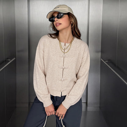 Frog Closure Knit Cardigan Long Sleeve Relaxed Fit